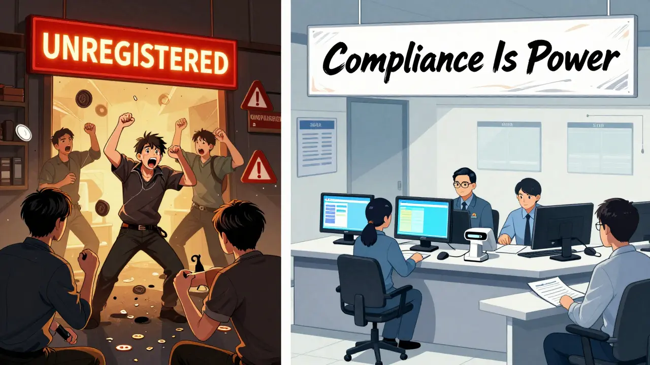 Split scene: chaotic unregistered exchange vs. orderly compliant exchange in manhua style.