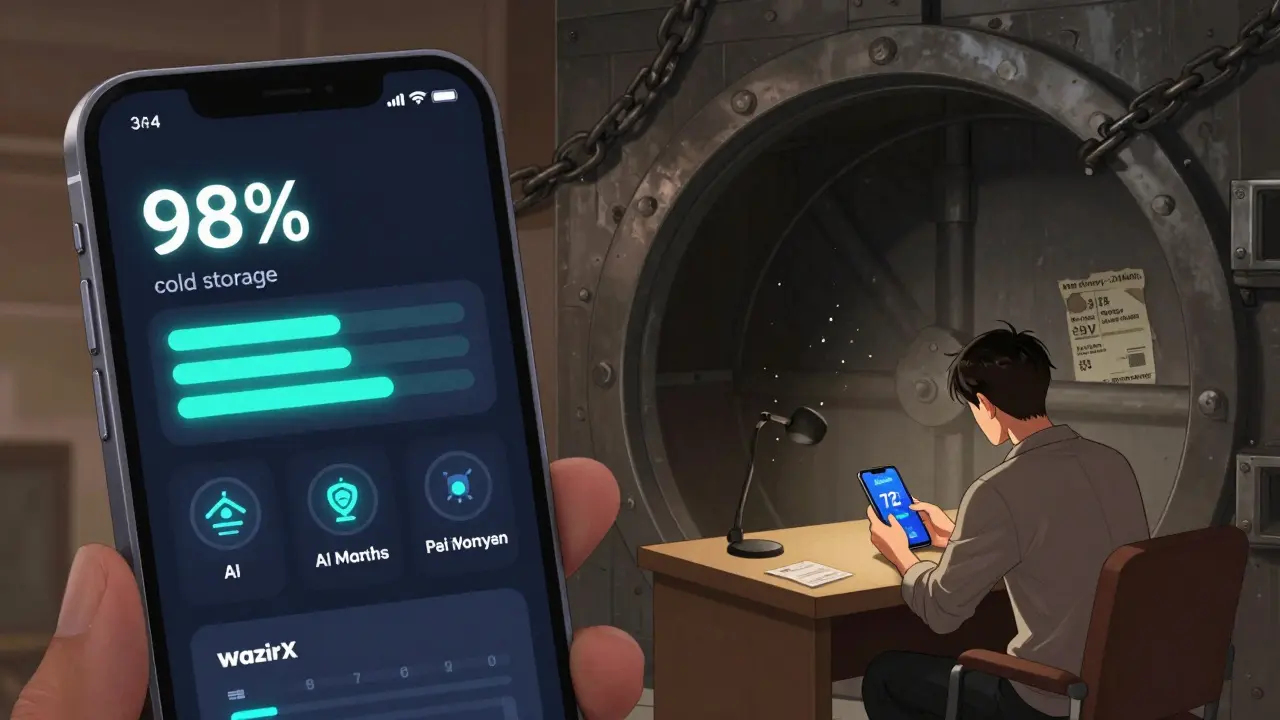 Split view: modern secure WazirX app vs. empty vault with recovery receipt and long wait timer.
