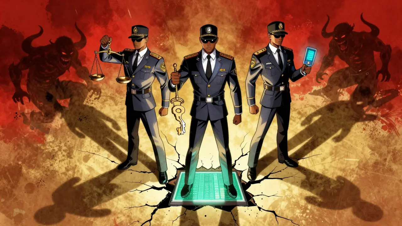 Three Nigerian regulatory agencies as guardian figures banish illegal crypto operators from a digital ledger.