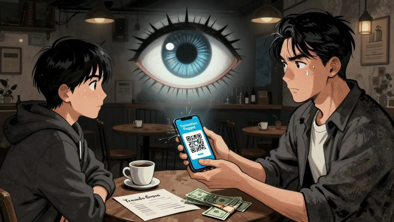 Two people exchanging crypto for cash in a café, watched by a giant digital eye with bank symbols.