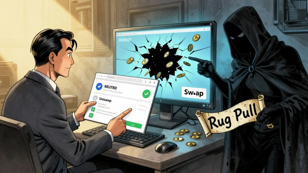 Two traders side by side: one safe on Uniswap, the other losing funds to a black hole on NeutroSwap.