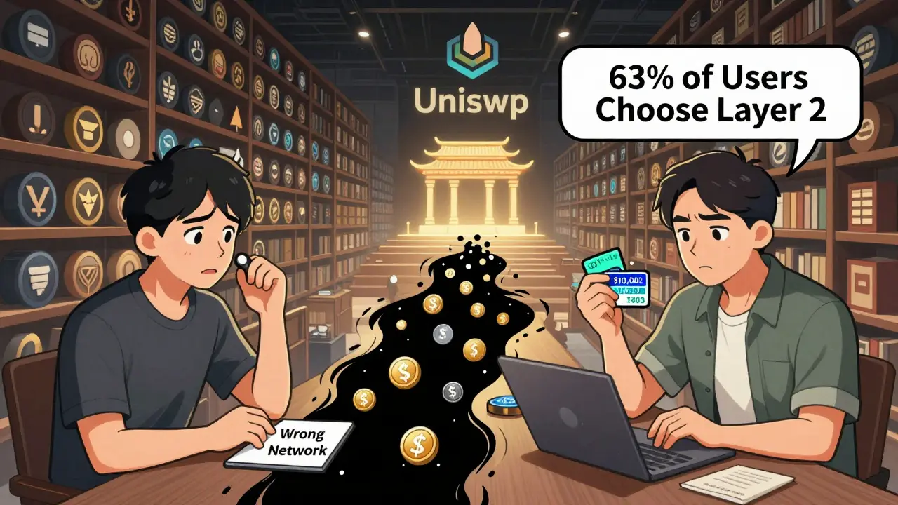 A beginner loses tokens to a wrong network, while an expert swaps on Polygon with minimal gas fees.