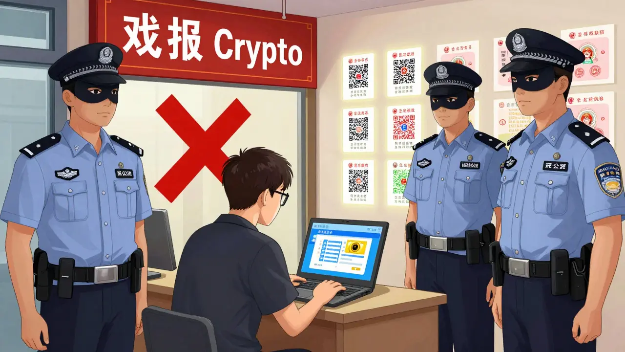 A business owner faces enforcement agents seizing his crypto-related equipment in Beijing.