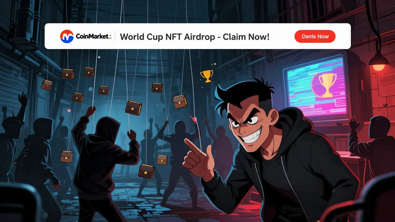 A fake crypto airdrop website with shadowy scammers pulling strings from behind, glowing countdown timer in foreground.