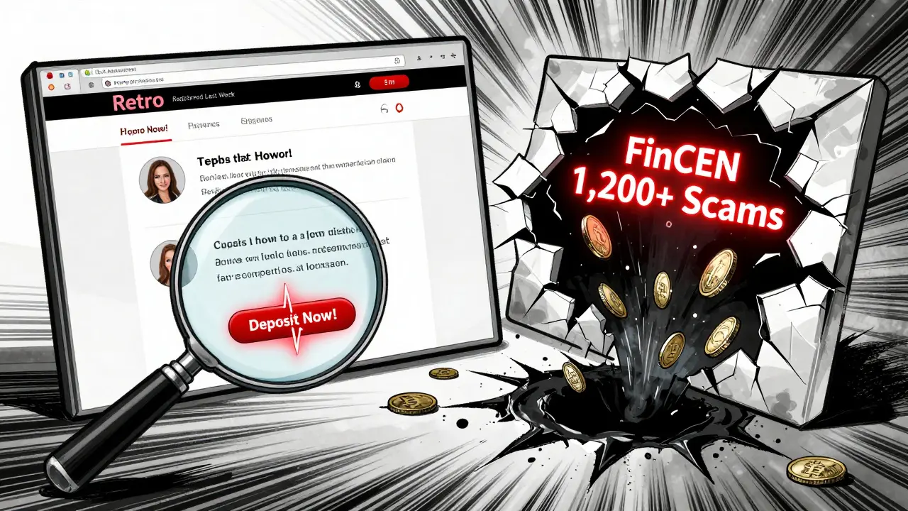 A fake crypto website splits open to reveal coins sinking into a black hole labeled with scam statistics.