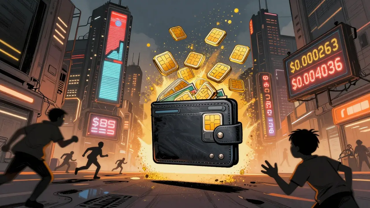 A floating wallet surrounded by conflicting price tags in a cyberpunk city, with SIM tokens as golden dust.