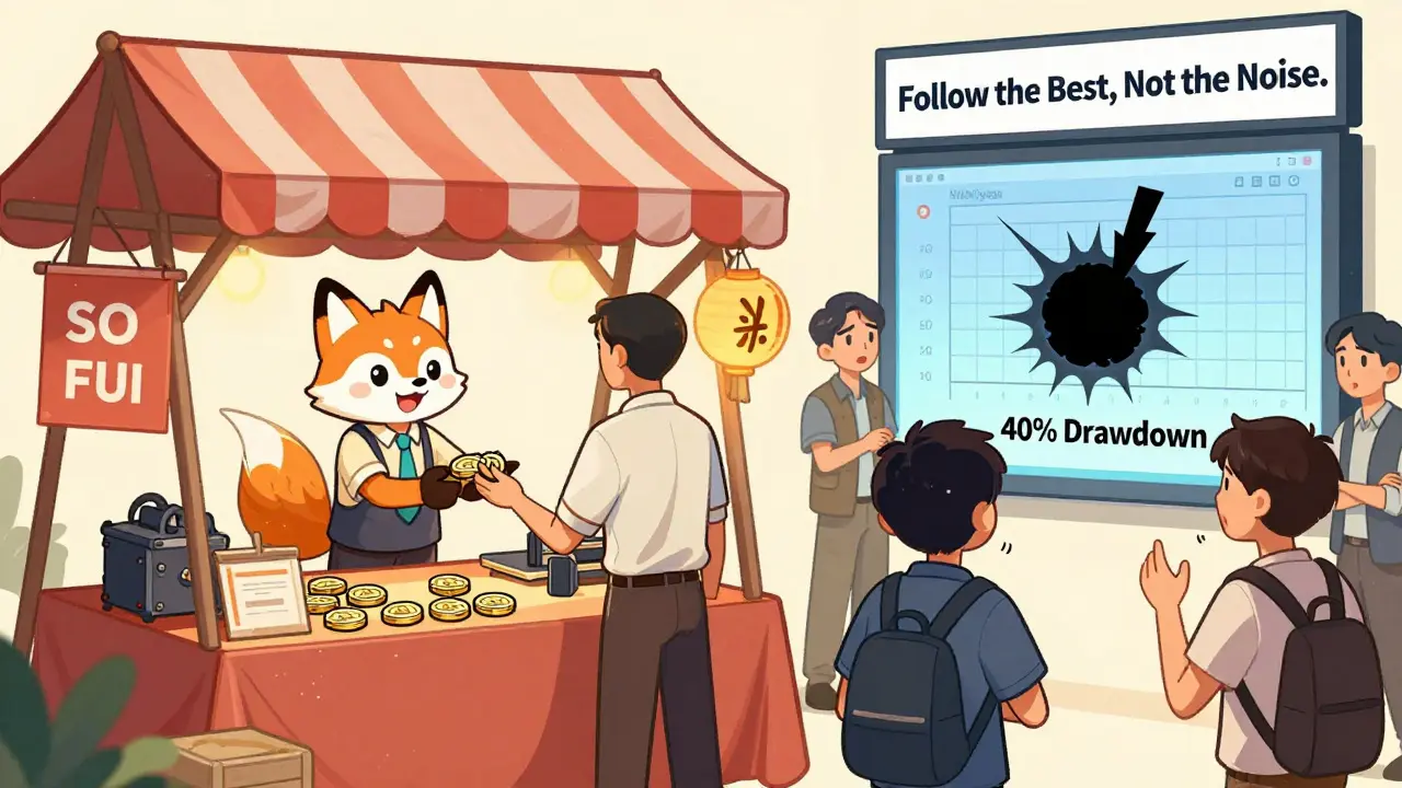 A fox-like AI mascot runs a SOFI token stall while one trader celebrates and another faces a vault crash into a black hole.
