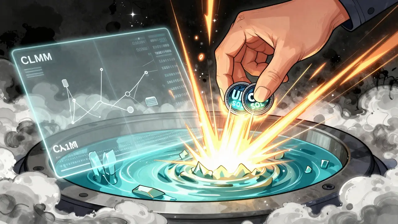 A hand placing USDC and SOL tokens into a CLMM pool, with focused liquidity beams contrasting against a dull, spread-out AMM pool.