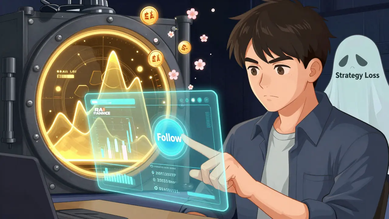 A hand tapping 'Follow' on a holographic dashboard as golden smart contract runes pulse and SOFI tokens fall like blossoms.