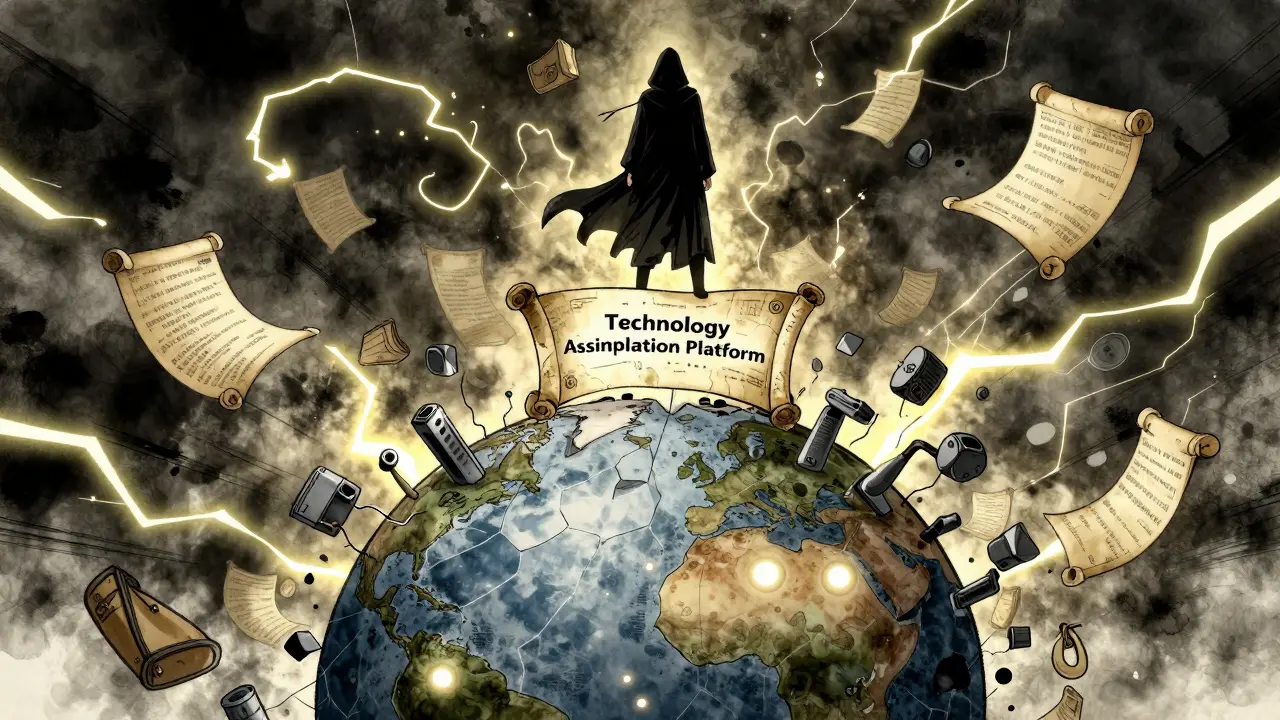 A hooded figure atop a platform of code scrolls as AI fragments reassemble, in Chinese manhua style.