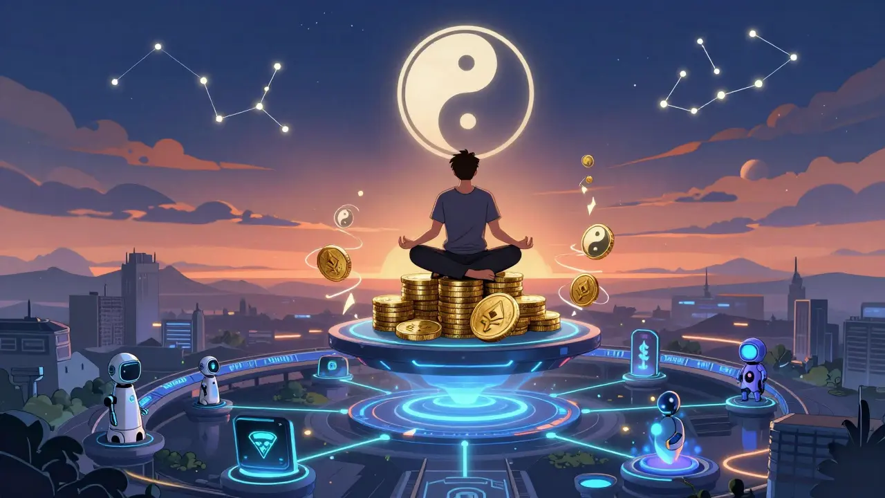 A liquidity provider meditates above tokens as automated systems and AI tools form a glowing ecosystem.