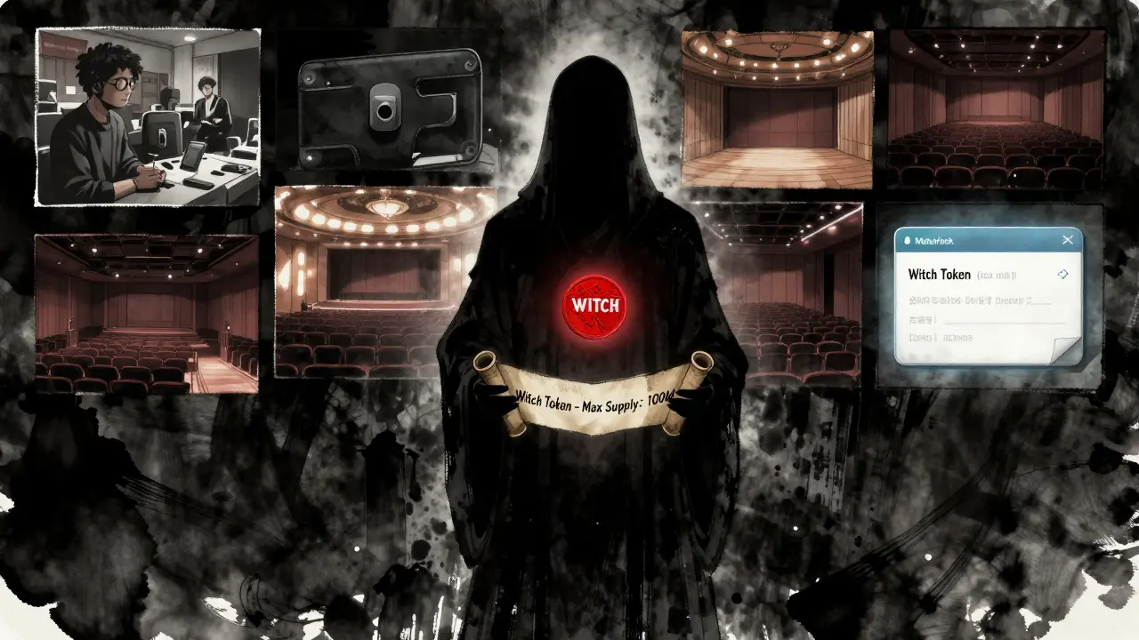 A shadowy figure holding a scroll about WITCH token supply amid symbols of secrecy and inactivity.