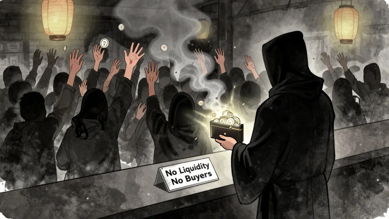 A shadowy figure holds dissolving FOC tokens at an empty exchange counter with no buyers in sight.