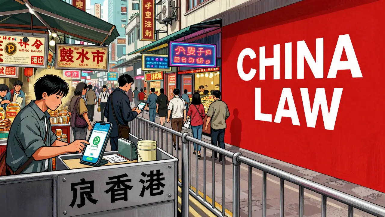 A split scene shows mainland China using digital yuan while Hong Kong's crypto scene is blocked by a legal wall.