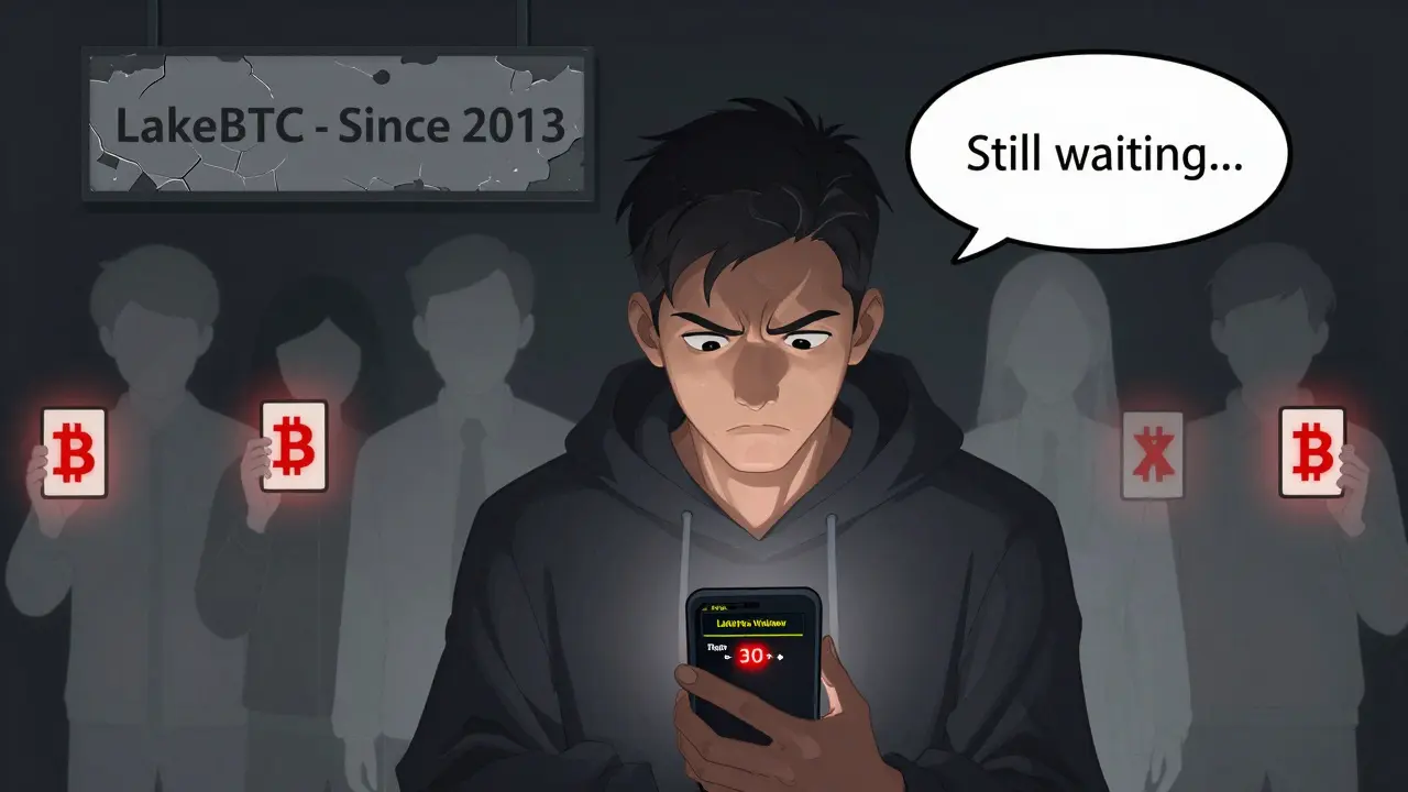 A trader stares at a pending LakeBTC withdrawal, surrounded by fading user ghosts, as a cracked sign reads 'Since 2013'.