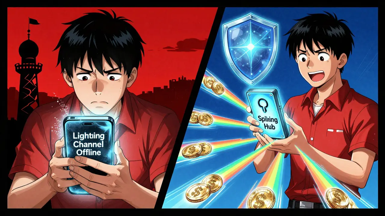 A user transitions from a failed channel to a dynamic liquidity hub with multiple payment paths and quantum shielding.