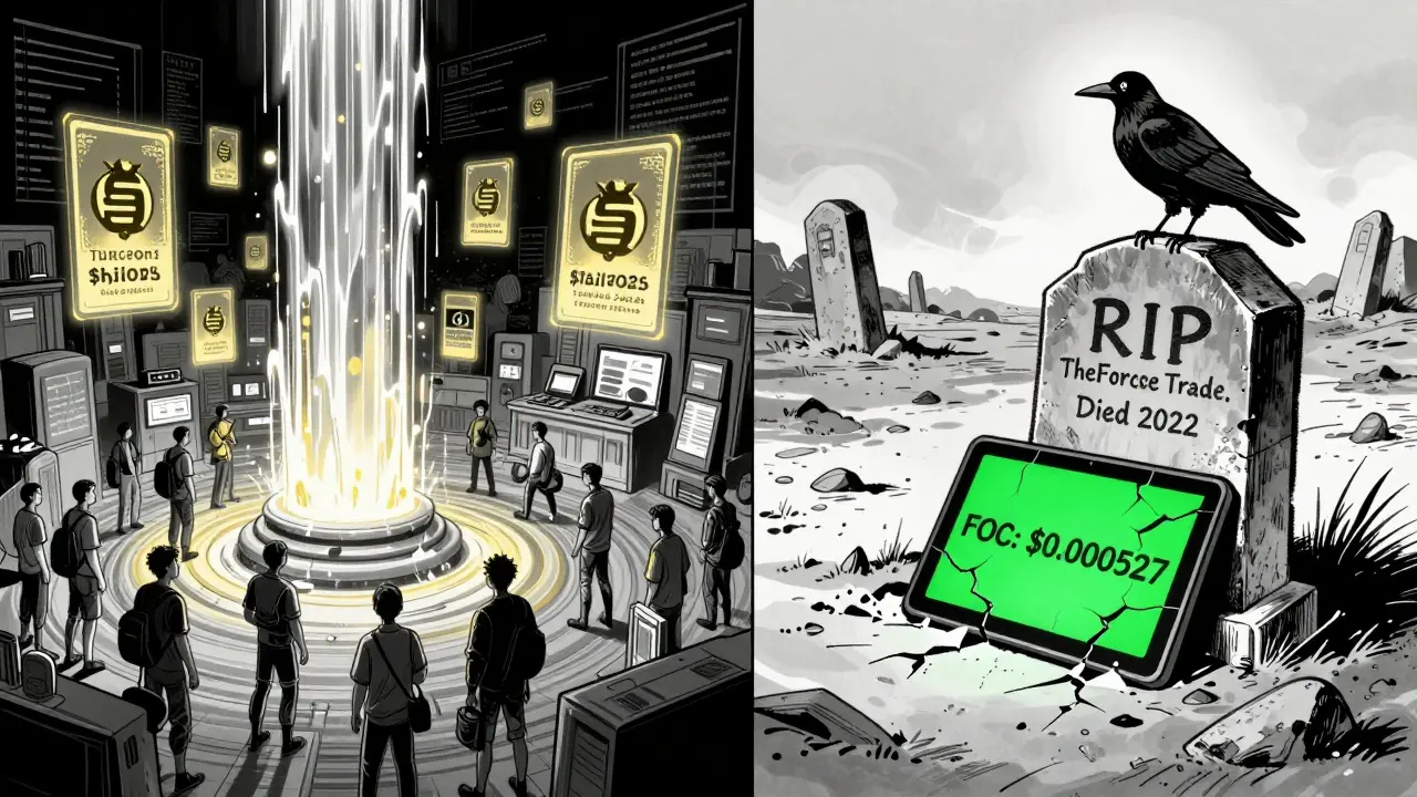 A vibrant DeFi hub contrasts with a barren wasteland where a tombstone marks the death of TheForce.Trade.