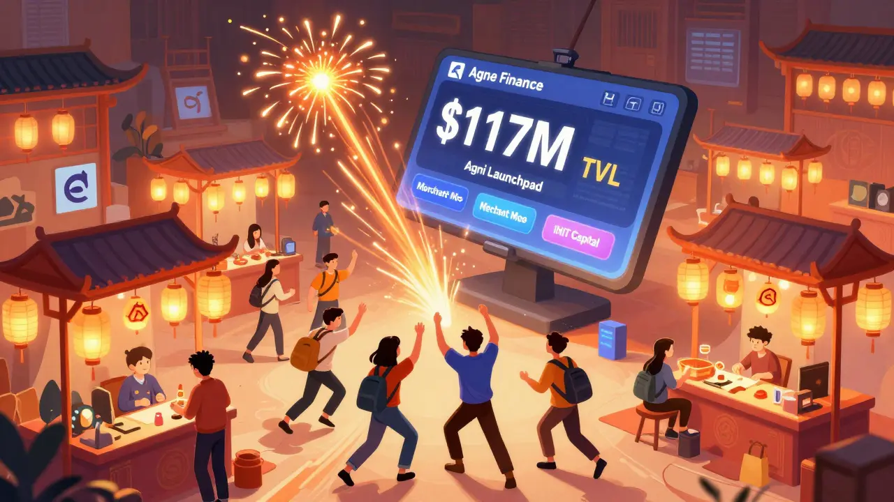 A vibrant digital marketplace with traders and a bursting launchpad token, Agni Finance leading in TVL.