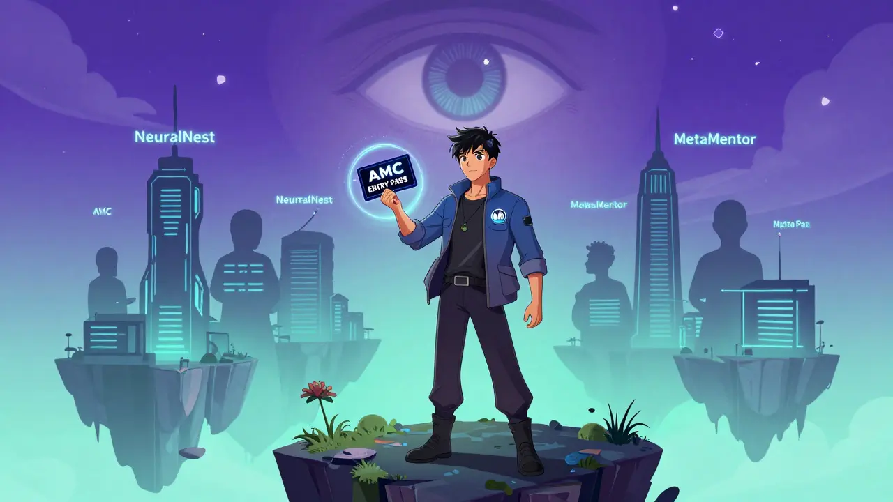 An early adopter with an NFT avatar holding an AMC Entry Pass to access virtual worlds.