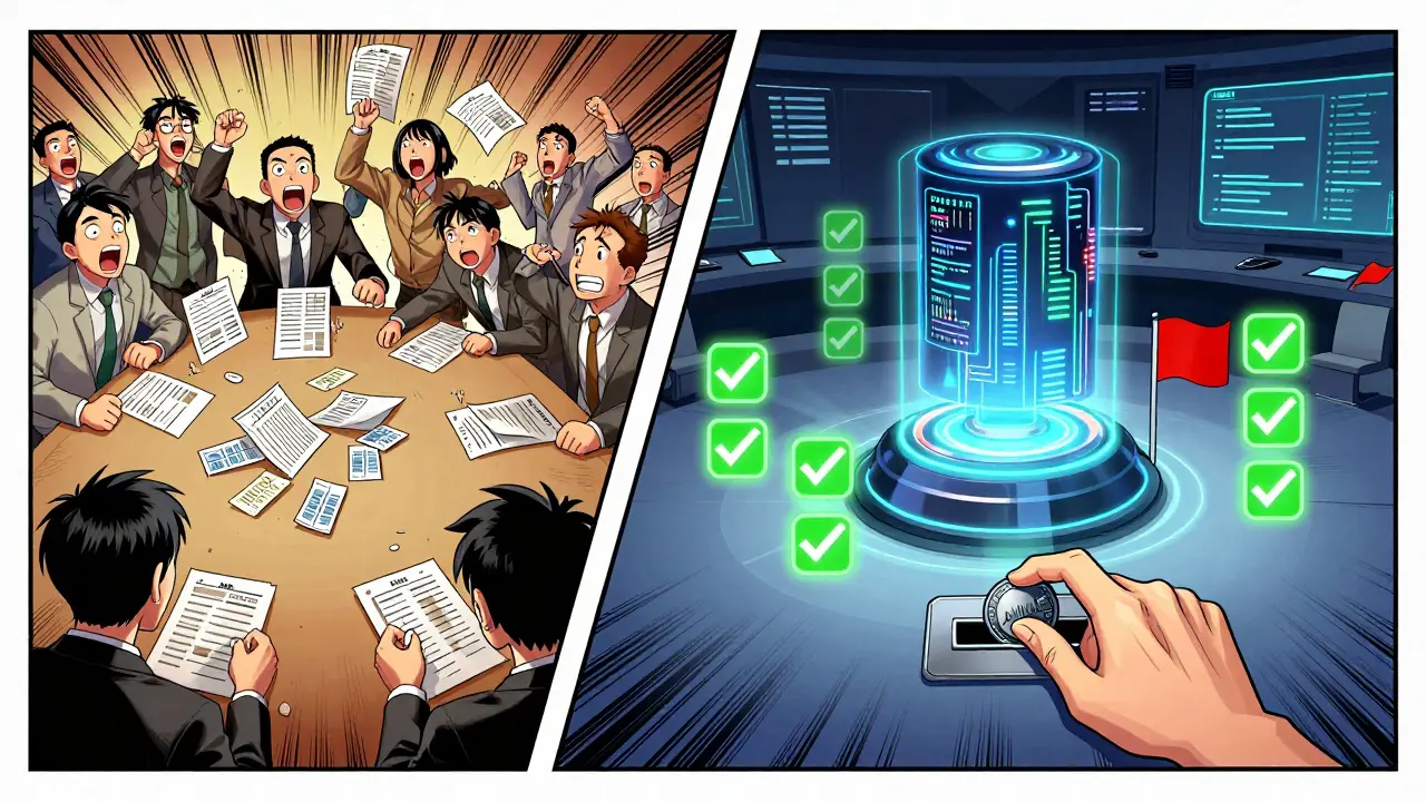 Contrasting chaotic human DAO meeting with streamlined AI-assisted governance system.