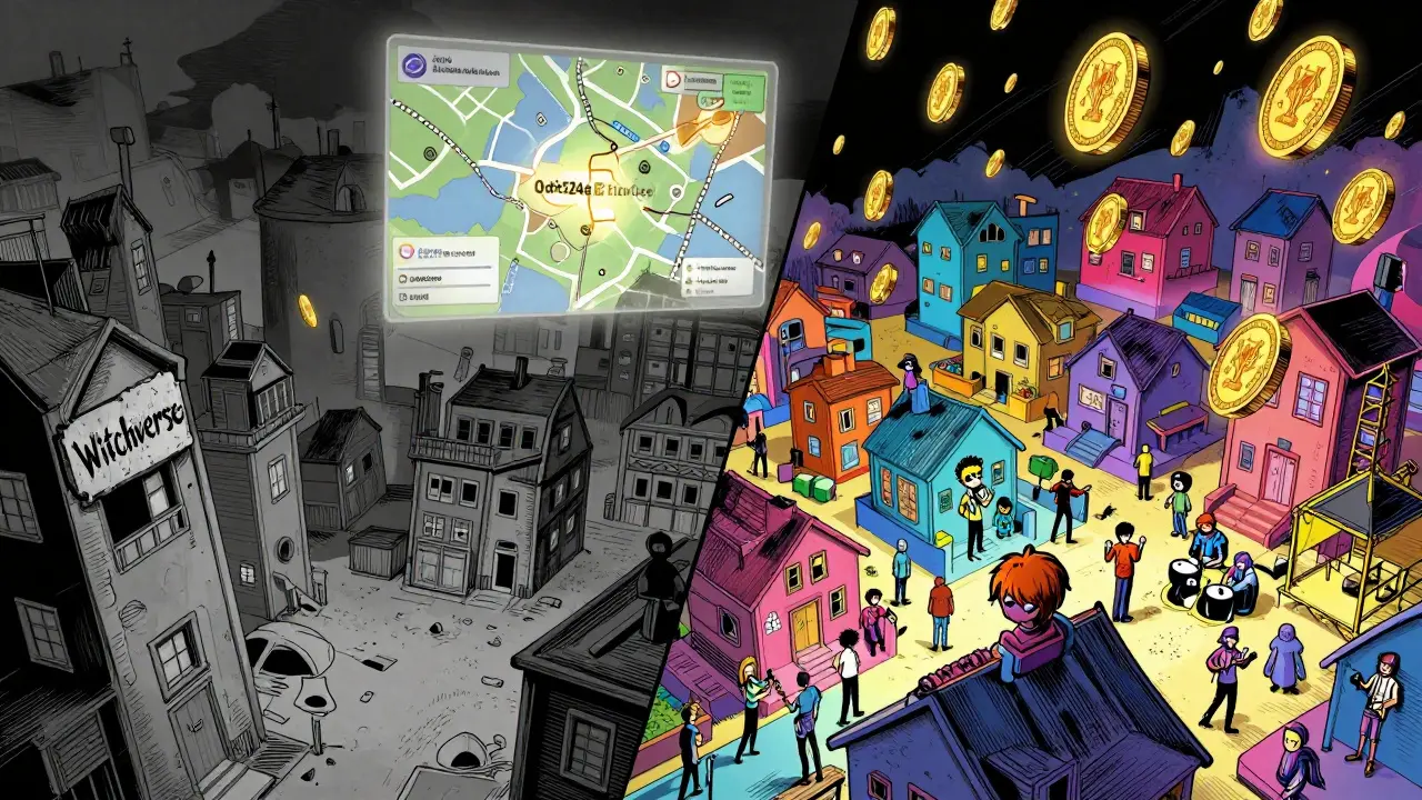 Contrasting scenes of an abandoned virtual world and a lively Witchverse with WITCH tokens raining down.