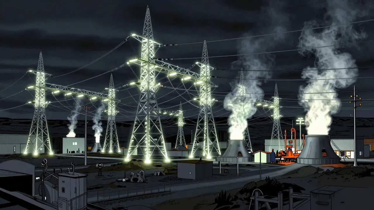 Overloaded power grid with energy lines at maximum capacity in Iceland.