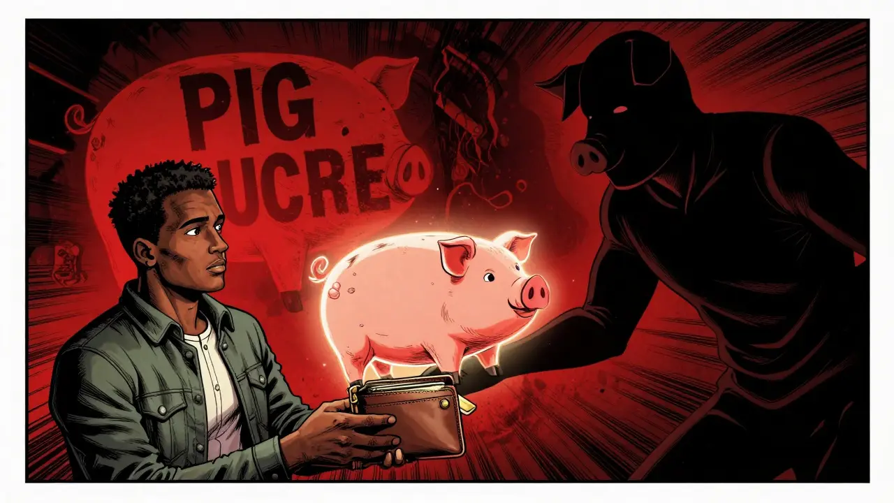Scammer pig figure luring user with fake crypto returns, wallet turning into pig illusion.