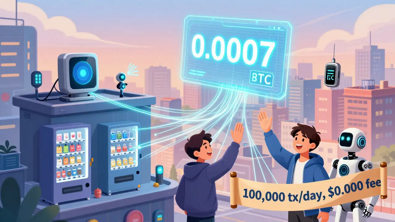 Smart devices connected by glowing neon channels in a futuristic city, paying microtransactions with zero fees.