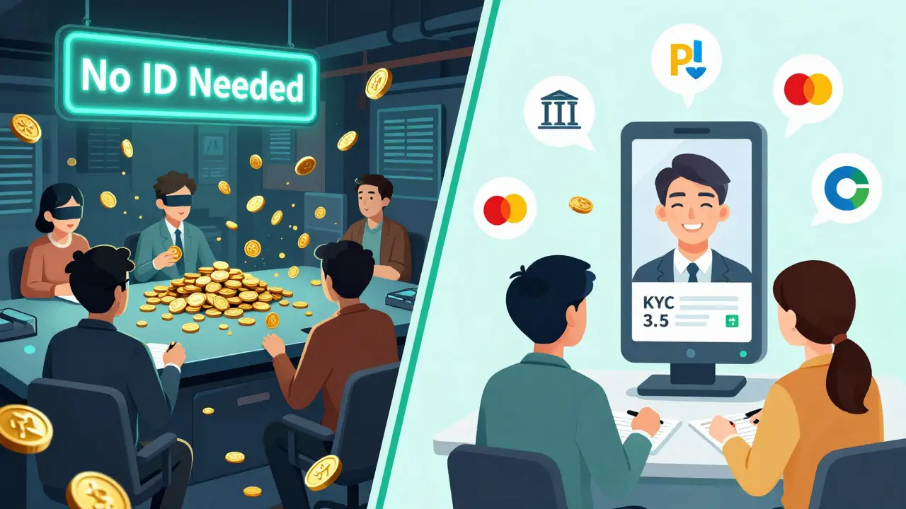 Split scene: chaotic no-KYC trading vs. smooth KYC-compliant exchange with AI verification and trusted partners.