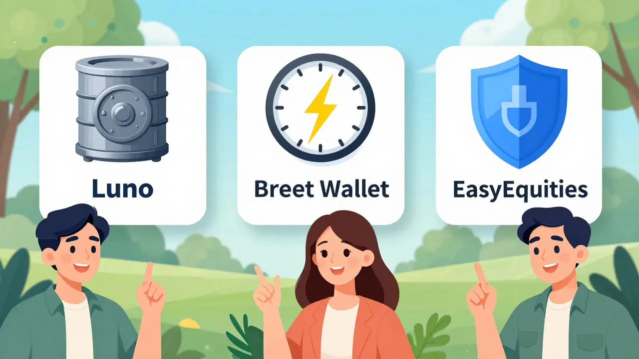 Three secure crypto exchanges with security icons: vault, clock, shield in sunny Nigerian setting.