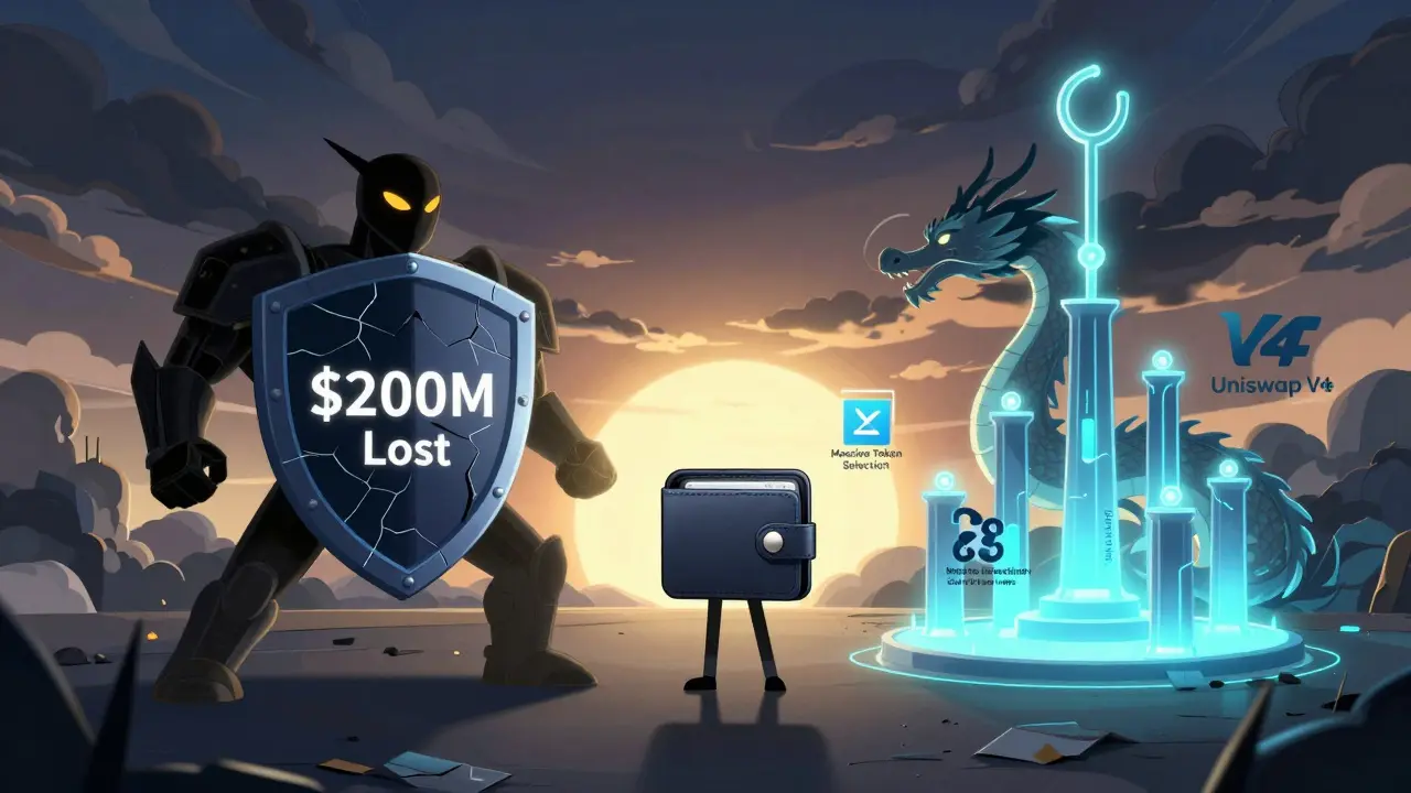 Uniswap V4’s dragon-like architecture rises against a failed centralized exchange, symbolizing decentralized finance.