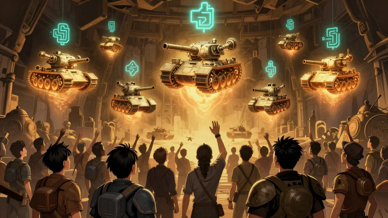 700 unique tank NFTs float in a glowing forge workshop, players reaching up in awe beneath ruins of Earth Zero.