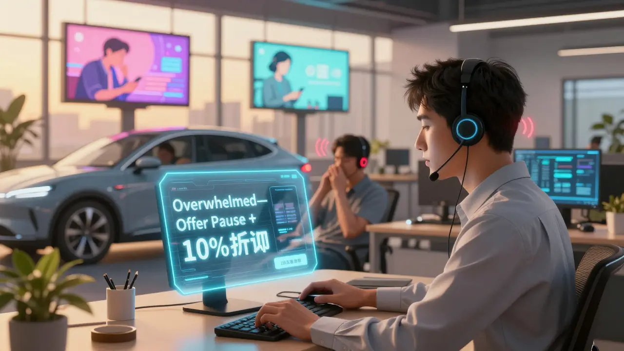 A call center agent sees a holographic prompt to help a stressed customer, while AI adjusts a car's environment and an ad for a tired parent.