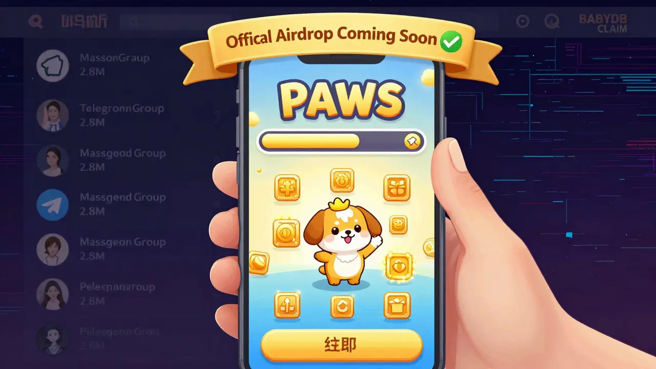 A cute dog taps on a mobile app called PAWS, earning tokens as a verified Telegram group with millions scrolls in the background.