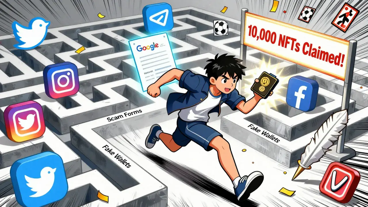 A fan races through social media icons toward a finish line labeled '10,000 NFTs Claimed!'