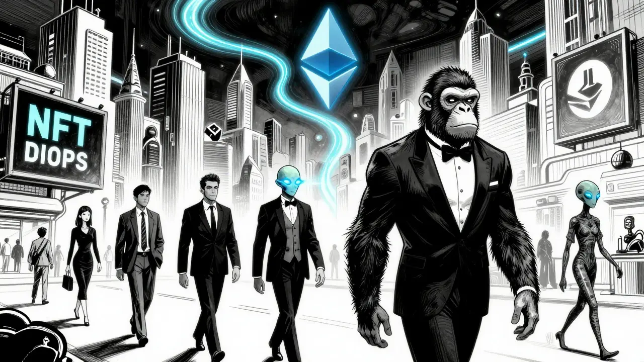 A futuristic city where people walk as their NFT avatars, with a glowing blockchain river in the sky, rendered in bold manhua style.