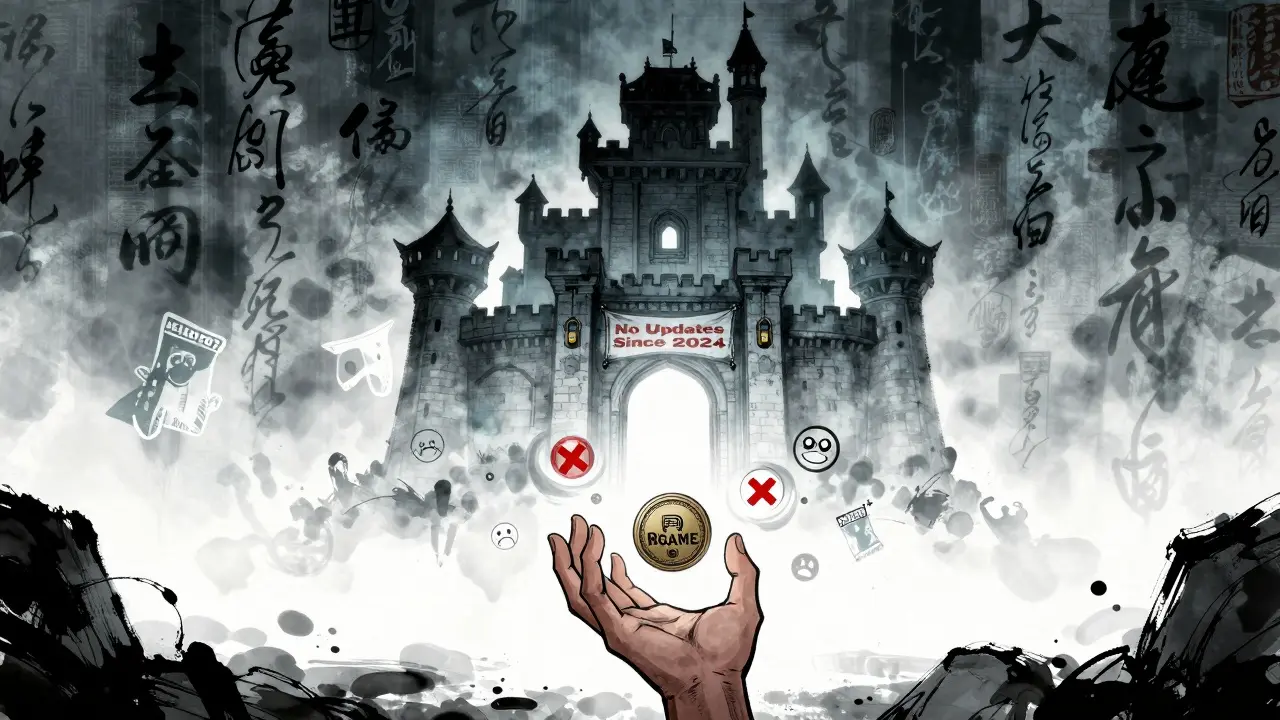 A ghostly blockchain game castle is locked and abandoned, with a lone hand reaching for a tiny RGAME token.