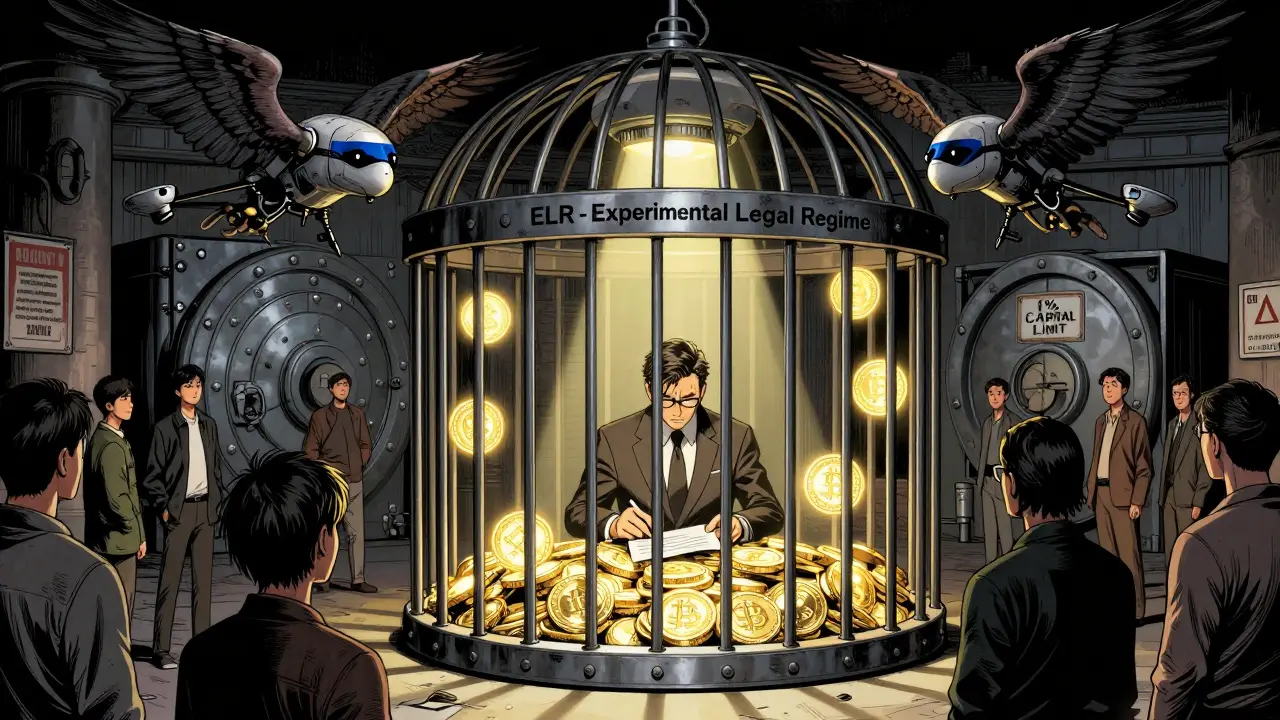 A high-security cage isolates crypto investors under strict state surveillance and capital limits.