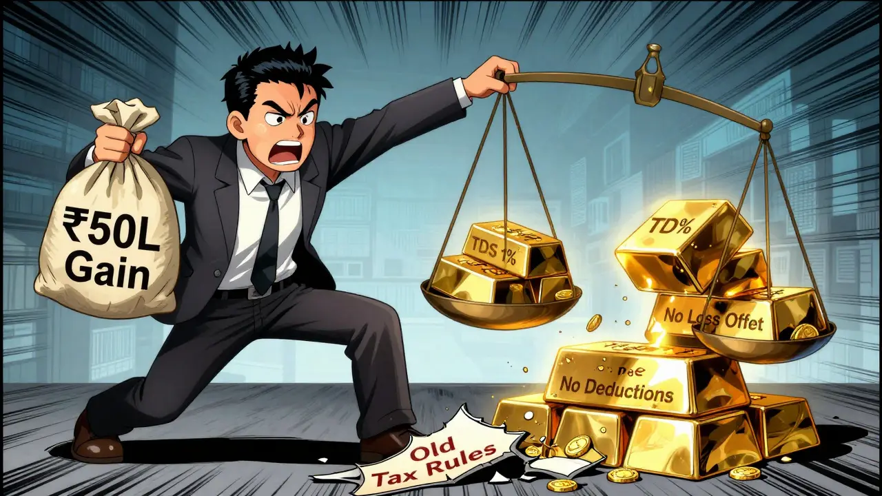 A man holding crypto gains while tax burdens tip the scales, with icons for TDS and no deductions.