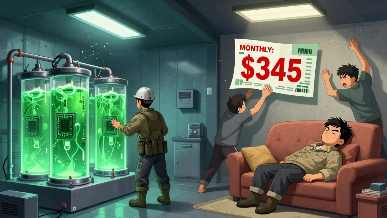 A miner in a soundproof shed with immersion cooling on one side, while a frustrated neighbor bangs on the wall on the other, with a huge electricity bill floating nearby.