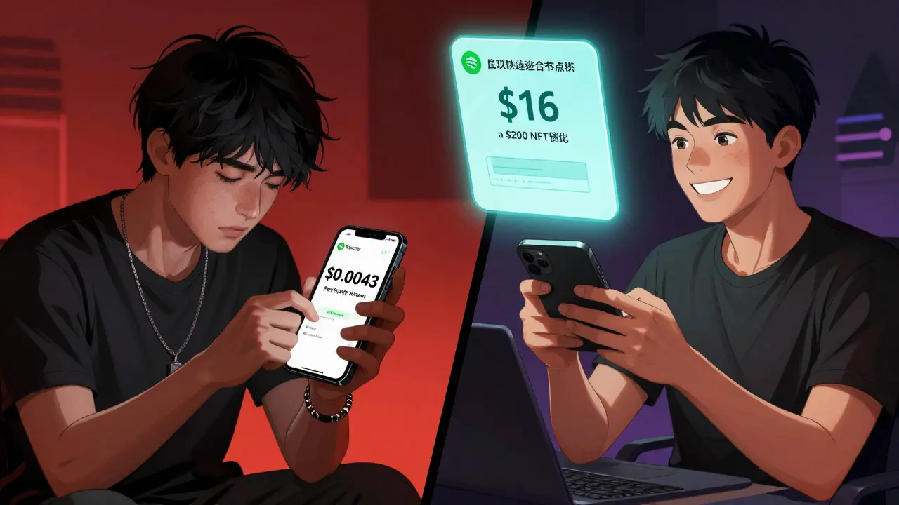 A musician compares low Spotify earnings to high NFT royalty income in a split-panel scene with glowing blockchain elements.