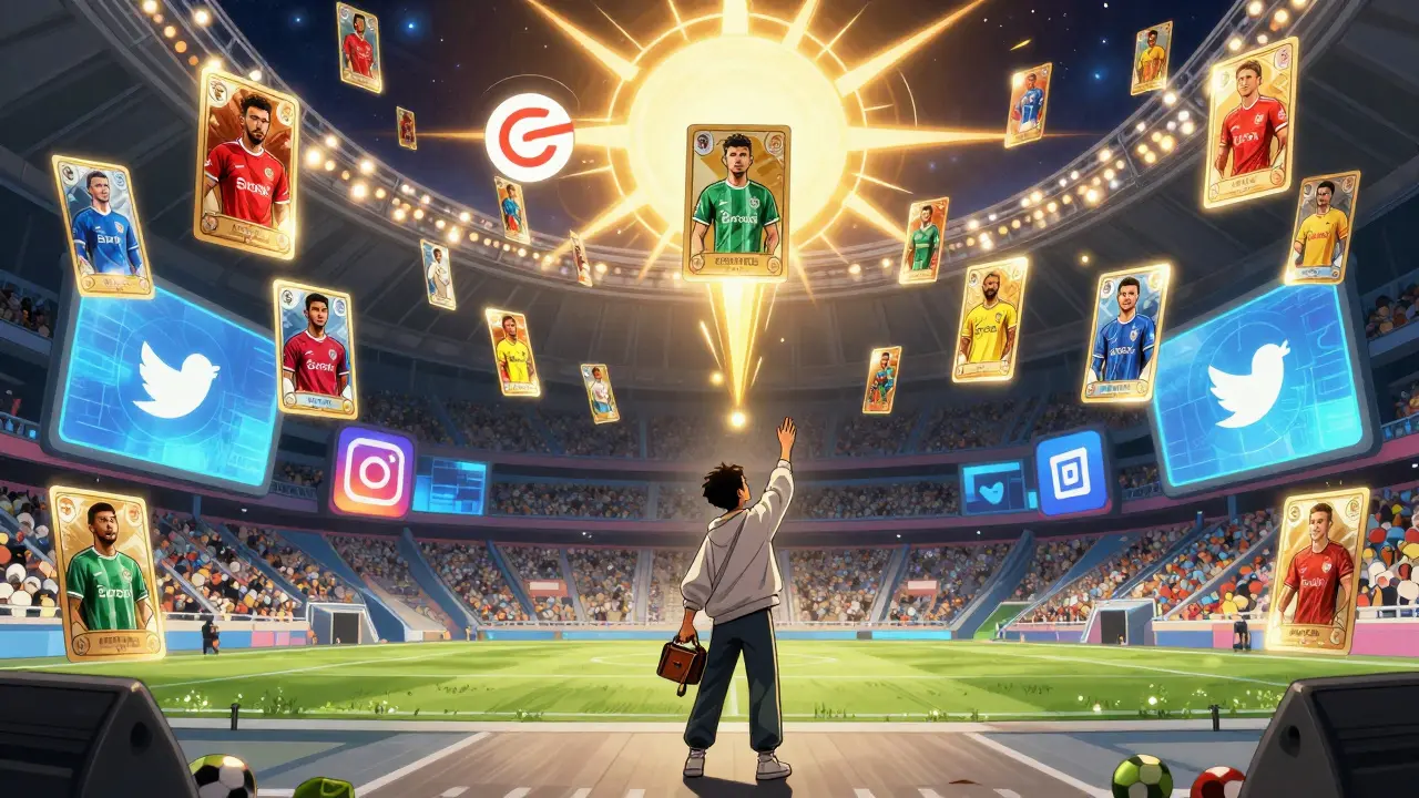 A participant receives a glowing football NFT in a digital metaverse stadium with social media icons as portals.
