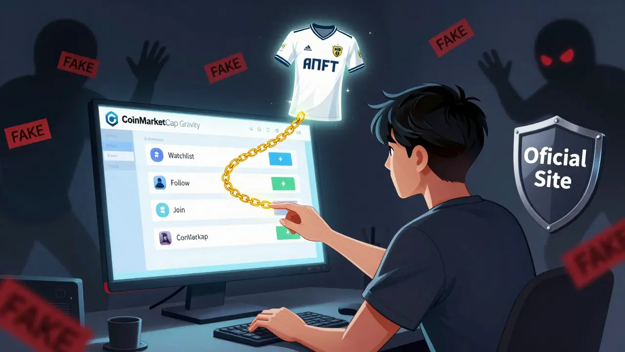A person clicking through CoinMarketCap steps as a blockchain path leads to a floating NFT football jersey.