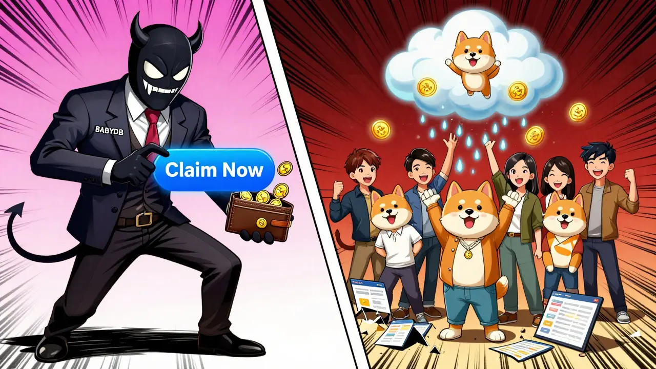 A scammer in a devil suit steals crypto from a fake BABYDB site, while a real BabyDoge team launches a legitimate tap-to-earn game with glowing tokens.