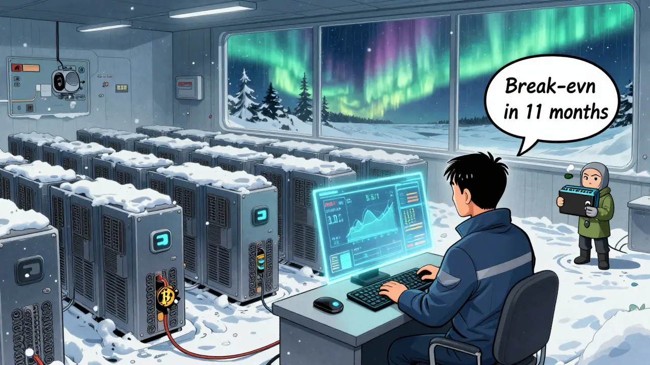 A snowy mining farm with silent ASICs cooled by cold air, a technician checking a holographic profit dashboard, and auroras glowing above the facility.