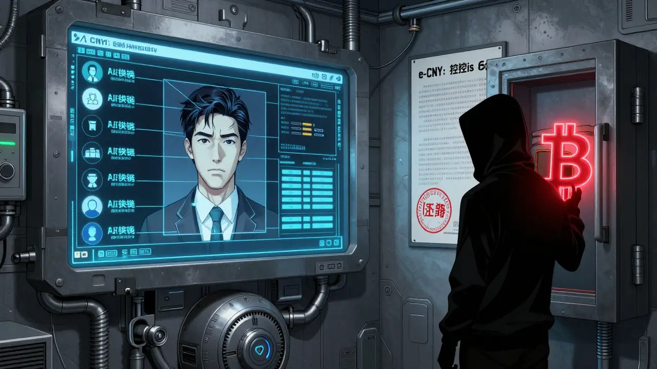 AI surveillance tracks crypto to identities under an e-CNY poster, in dark, detailed Chinese manhua style.