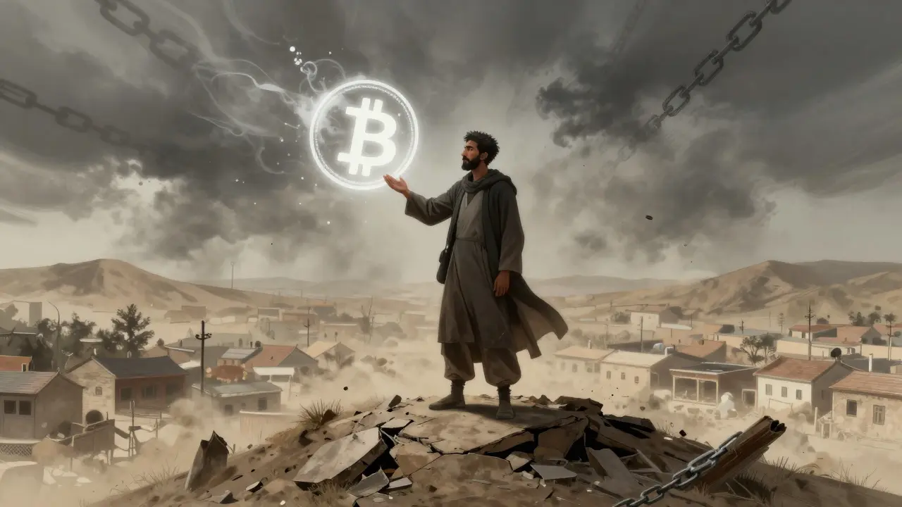 An Afghan man holds a frozen Bitcoin wallet as his country is cut off from global finance.