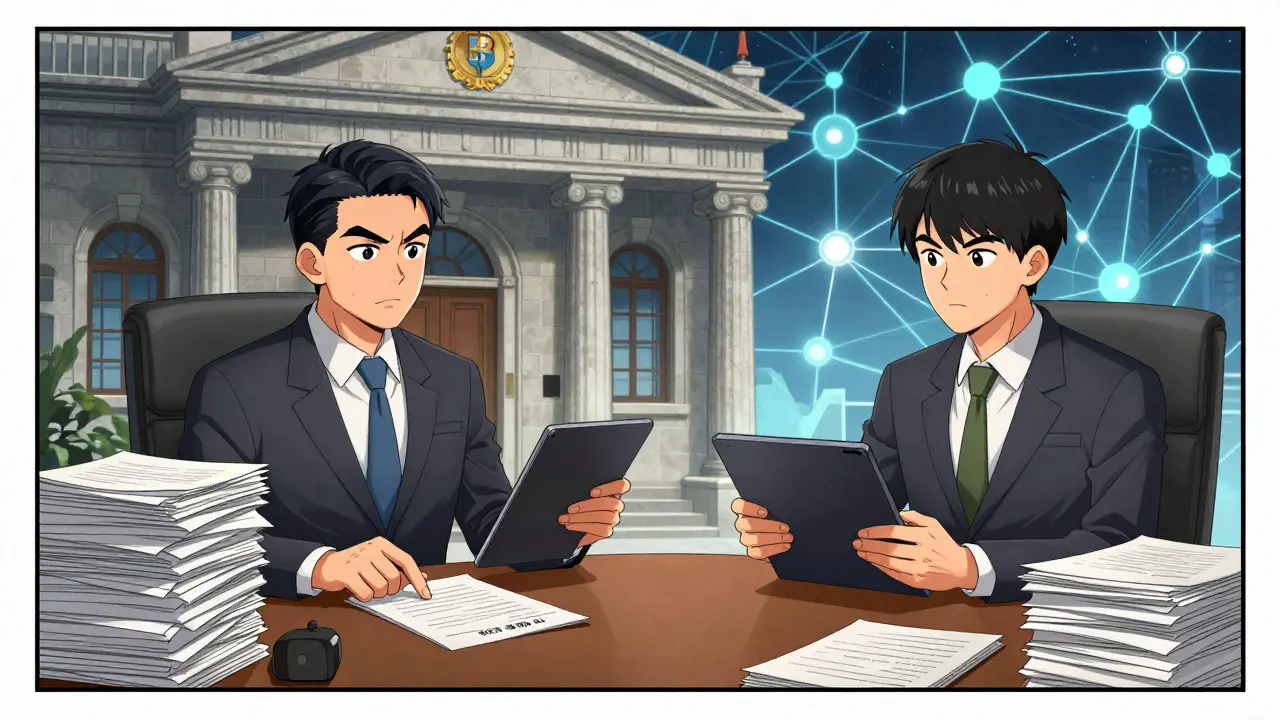 Banker and entrepreneur negotiating over compliance papers