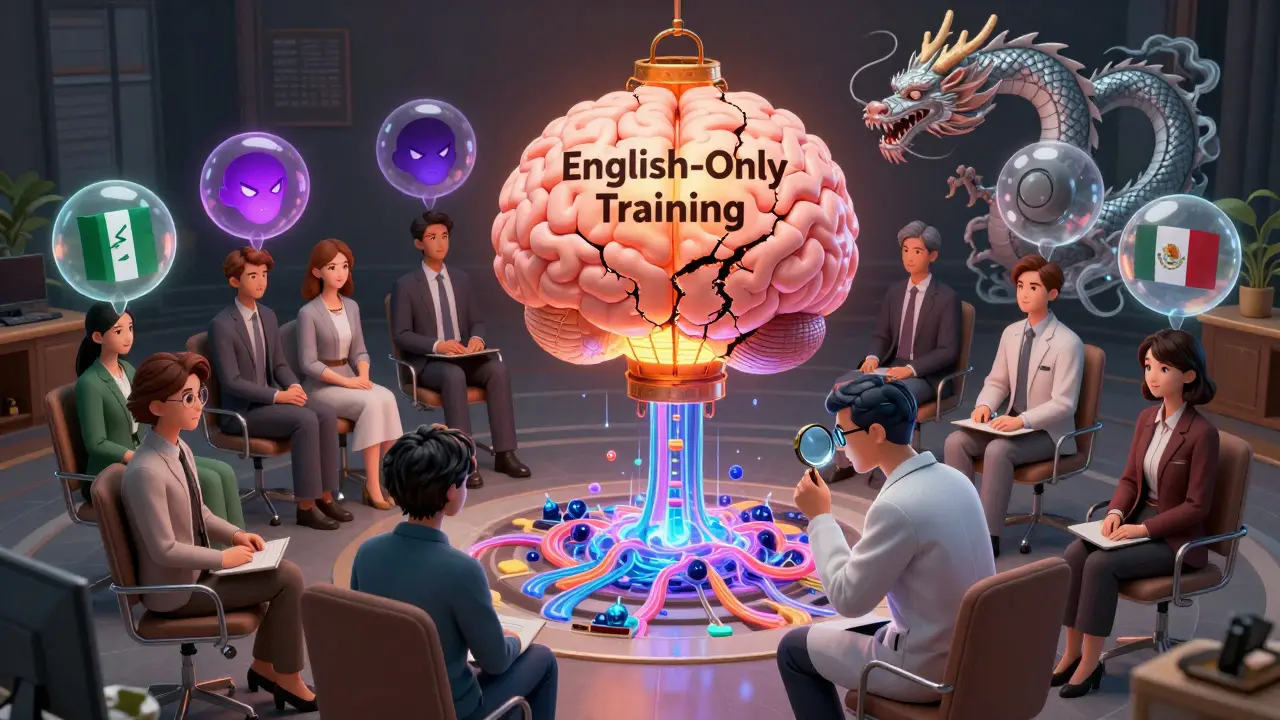 Diverse customers with emotion bubbles, a cracked AI lantern leaking biased data, and an engineer repairing it.