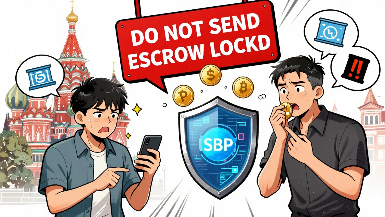 Dramatic P2P crypto trade scene with escrow shield and warning sign, buyer sending rubles while seller waits anxiously.
